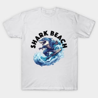 Shark Surfing - Shark Beach (Black Lettering) T-Shirt